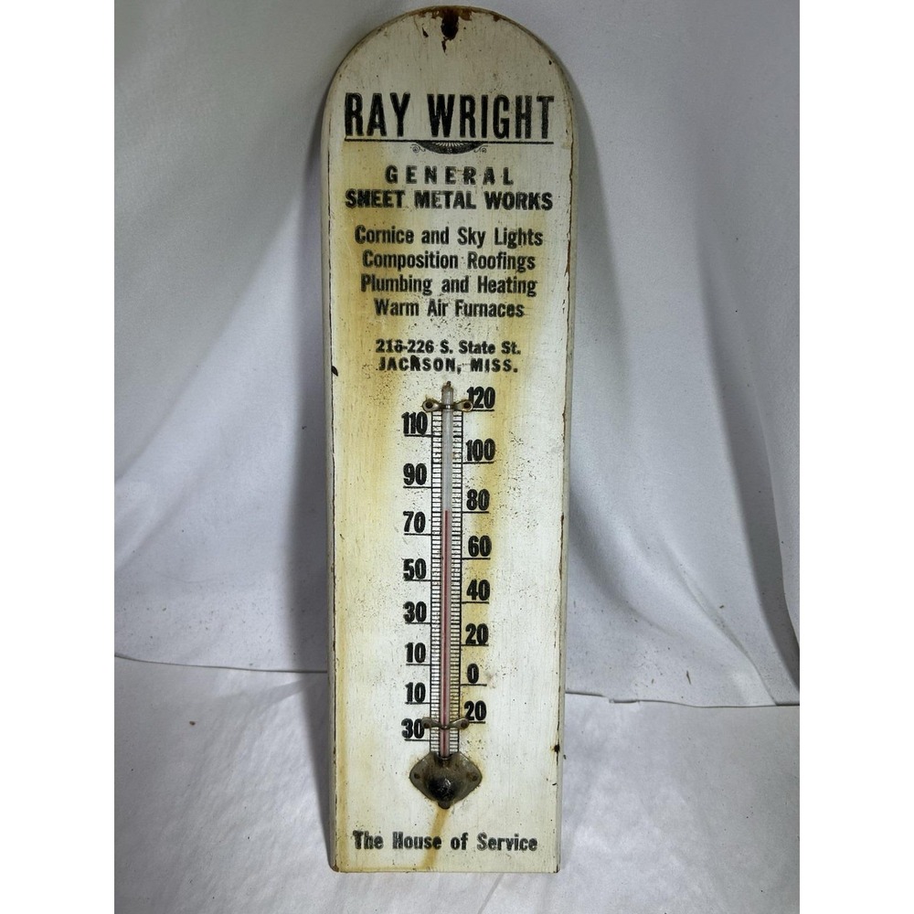 Ray Wright Metal Works Jackson Mississippi Miss Wood Thermometer Advertising